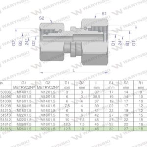 Złączka hydrauliczna metryczna aa m26x1.5 18lxm22x1.5 15l waryński