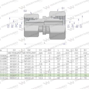 Złączka hydrauliczna metryczna aa m26x1.5 18lxm18x1.5 12l waryński