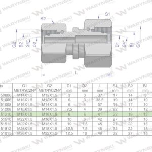 Złączka hydrauliczna metryczna aa m18x1.5 12lxm16x1.5 10l waryński 5szt
