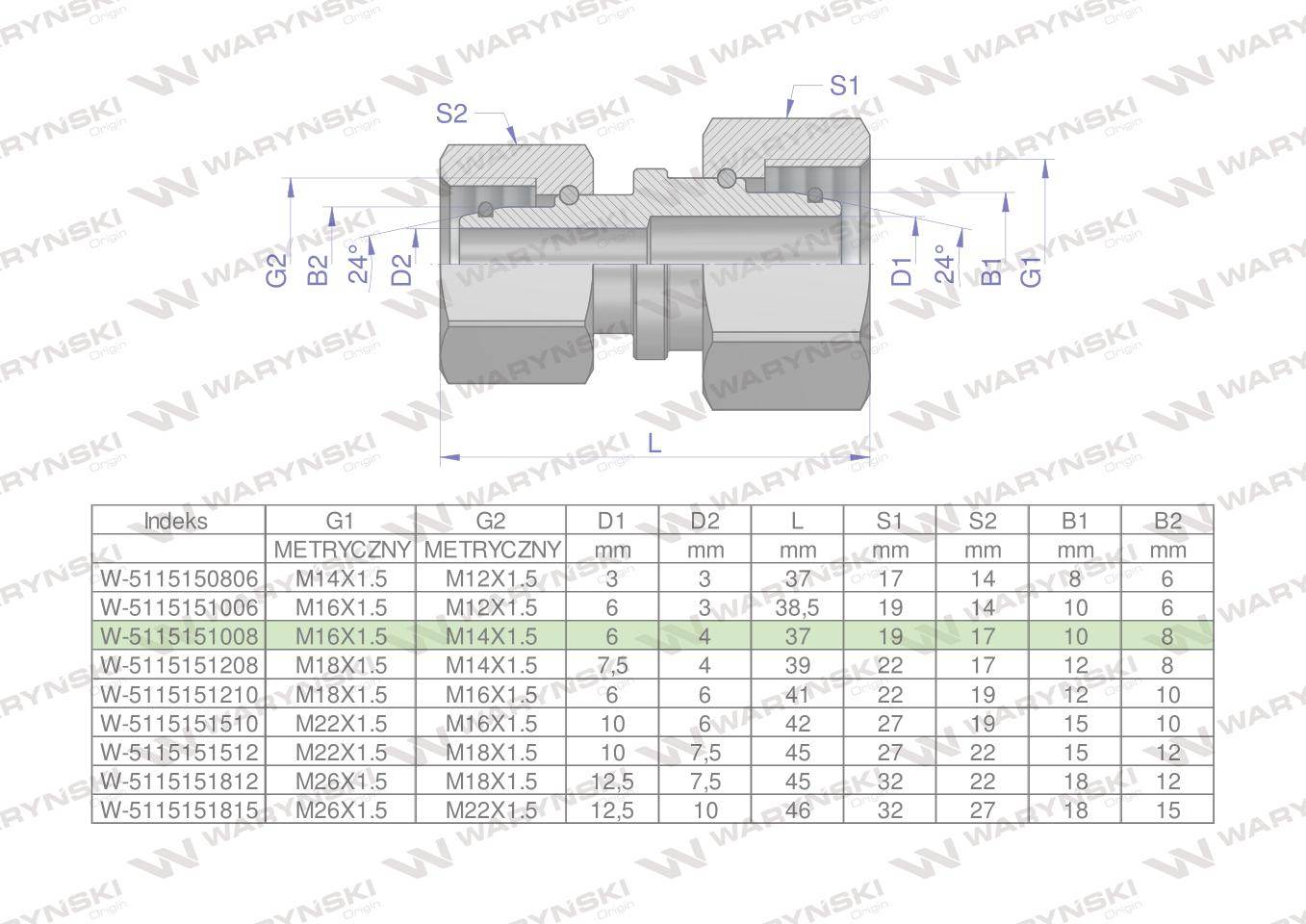 Złączka hydrauliczna metryczna aa m16x1.5 10lxm14x1.5 08l waryński 2szt