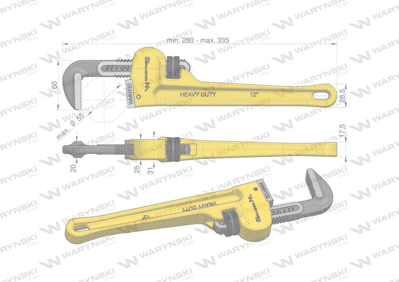 Klucz do rur typ amerykański 12" wzmocniony szczęki crmo max średnica 55mm waryński Klucz do rur typ amerykański 12" wzmocniony szczęki crmo max średnica 55mm waryński - obrazek 3