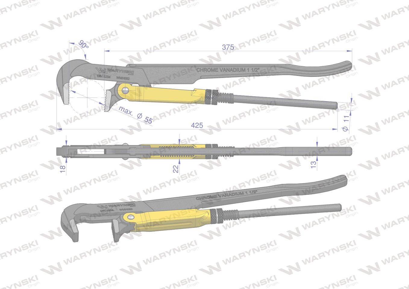 Szczypce nastawne szwedzkie do rur szczęki typ 90° o rozstawie max 55mm 1.5" długość 425mm waryński Szczypce nastawne szwedzkie do rur szczęki typ 90° o rozstawie max 55mm 1.5" długość 425mm waryński - obrazek 3