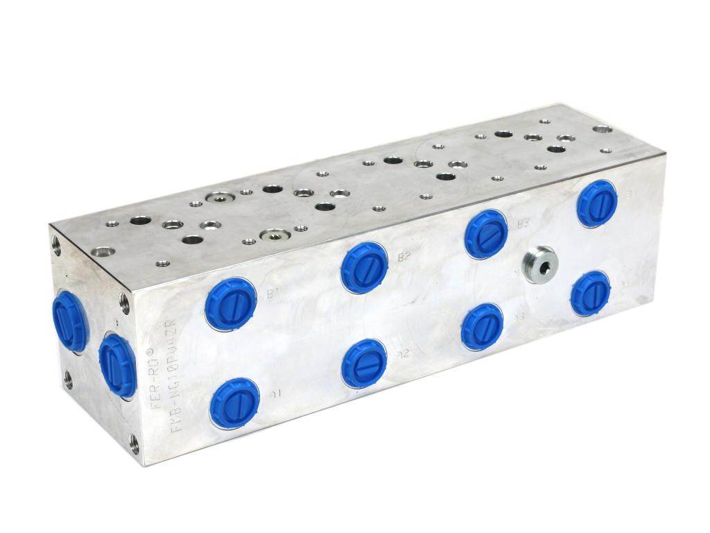 Płyta ng10 cetop 5- 4 sekcyjna z zaworem przelewowym 50-380 bar do elektrozaworów dl5