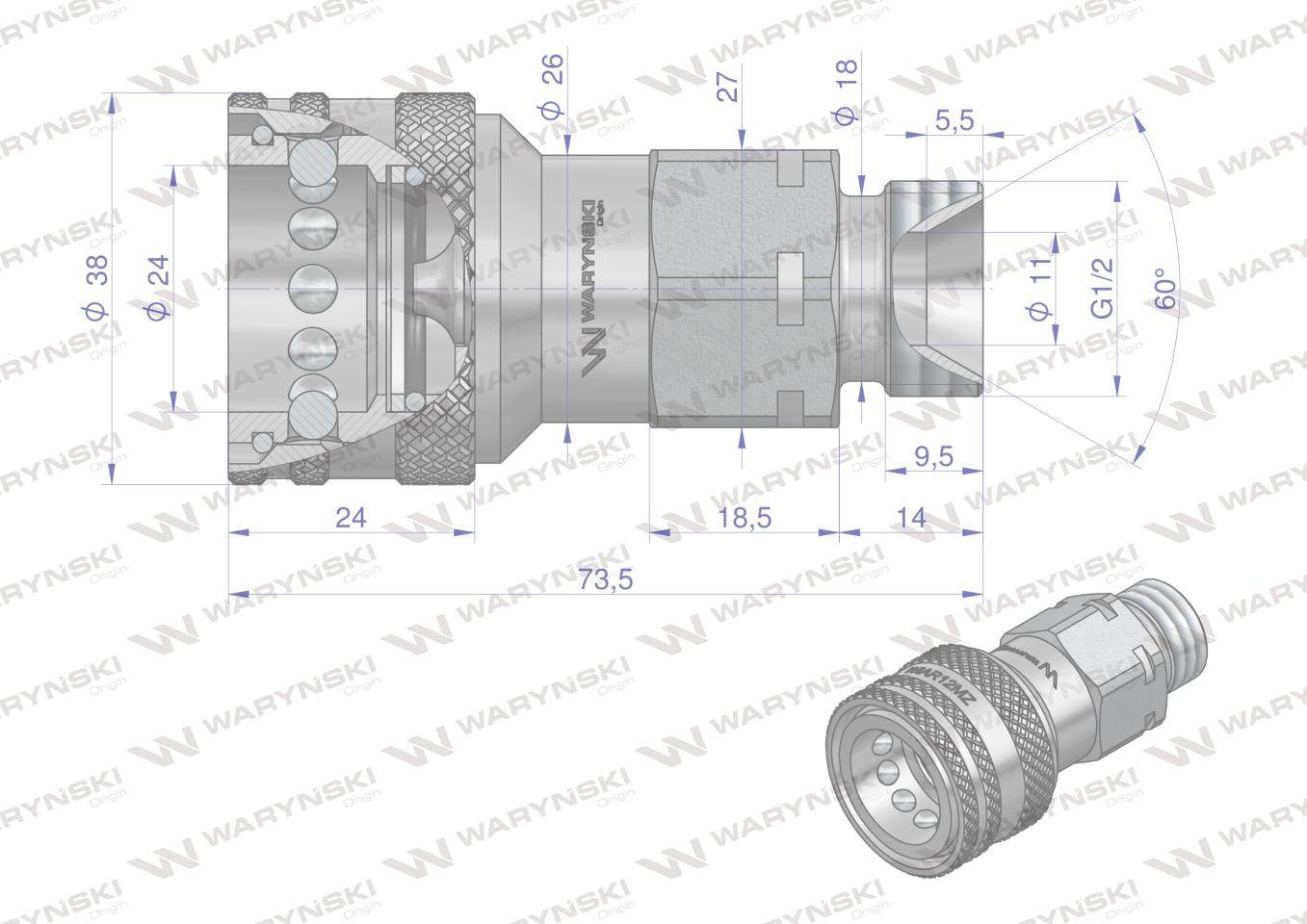Szybkozłącze hydrauliczne gniazdo g1/2"bsp gwint zewnętrzny euro iso 7241-a waryński Szybkozłącze hydrauliczne gniazdo g1/2"bsp gwint zewnętrzny euro iso 7241-a waryński - obrazek 4
