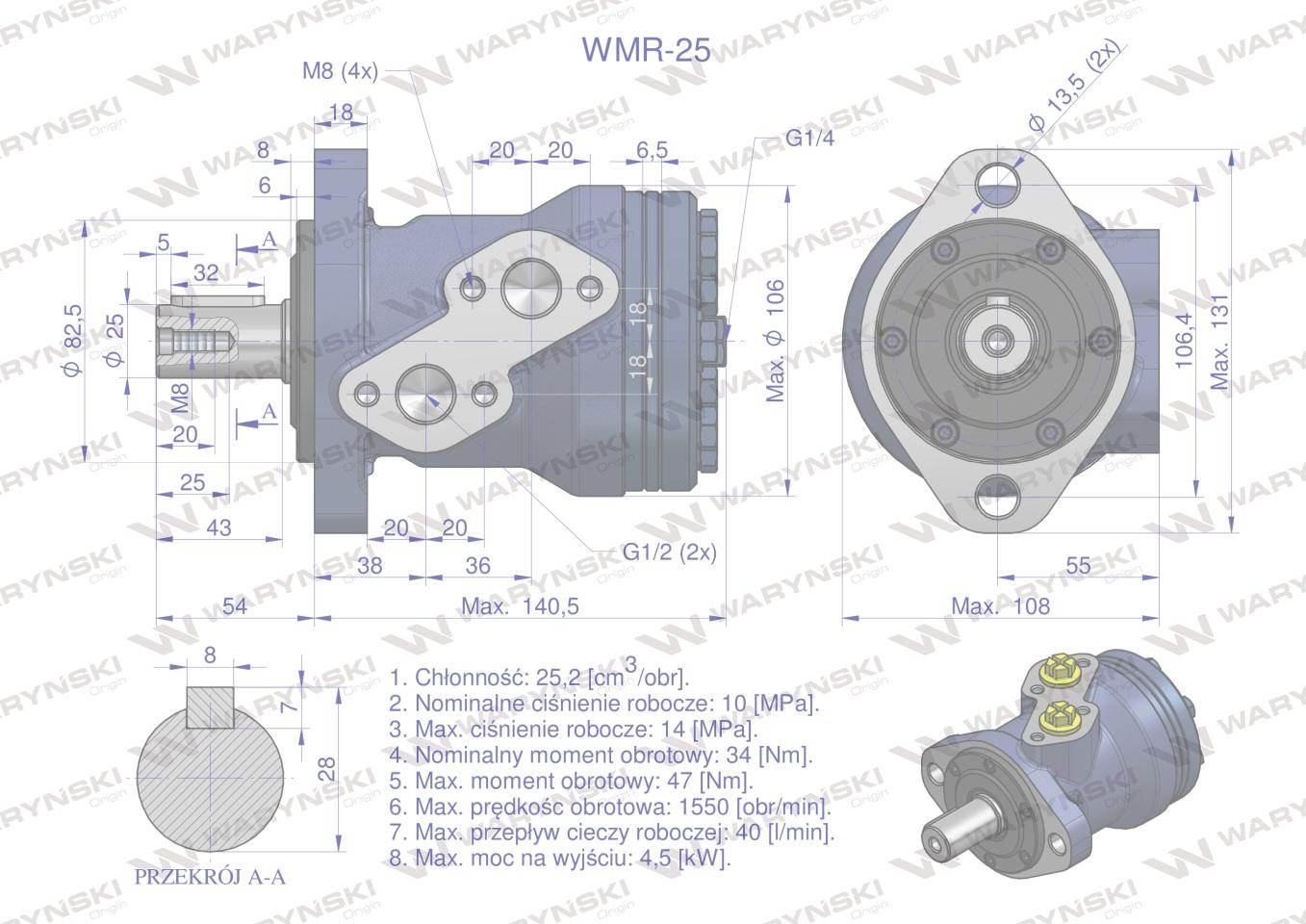 Silnik hydrauliczny orbitalny wmr 25 cm3/obr 100 bar max.200 bar waryński Silnik hydrauliczny orbitalny wmr 25 cm3/obr 100 bar max.200 bar waryński - obrazek 4