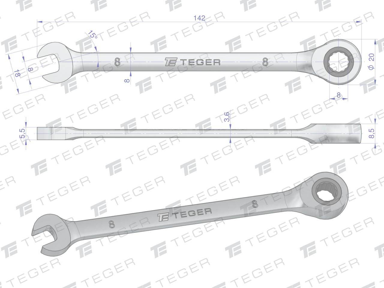 Klucz płasko-oczkowy z grzechotką 8mm teger Klucz płasko-oczkowy z grzechotką 8mm teger - obrazek 2