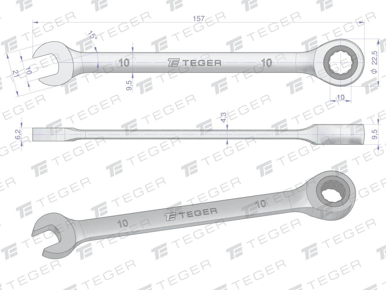 Klucz płasko-oczkowy z grzechotką 10mm teger Klucz płasko-oczkowy z grzechotką 10mm teger - obrazek 2