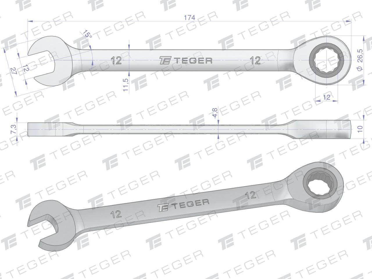 Klucz płasko-oczkowy z grzechotką 12mm teger Klucz płasko-oczkowy z grzechotką 12mm teger - obrazek 2