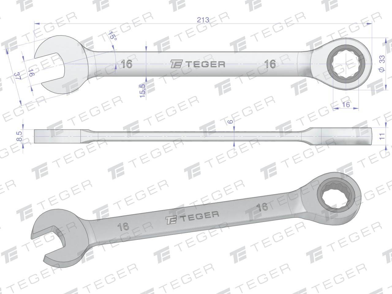 Klucz płasko-oczkowy z grzechotką 16mm teger Klucz płasko-oczkowy z grzechotką 16mm teger - obrazek 2