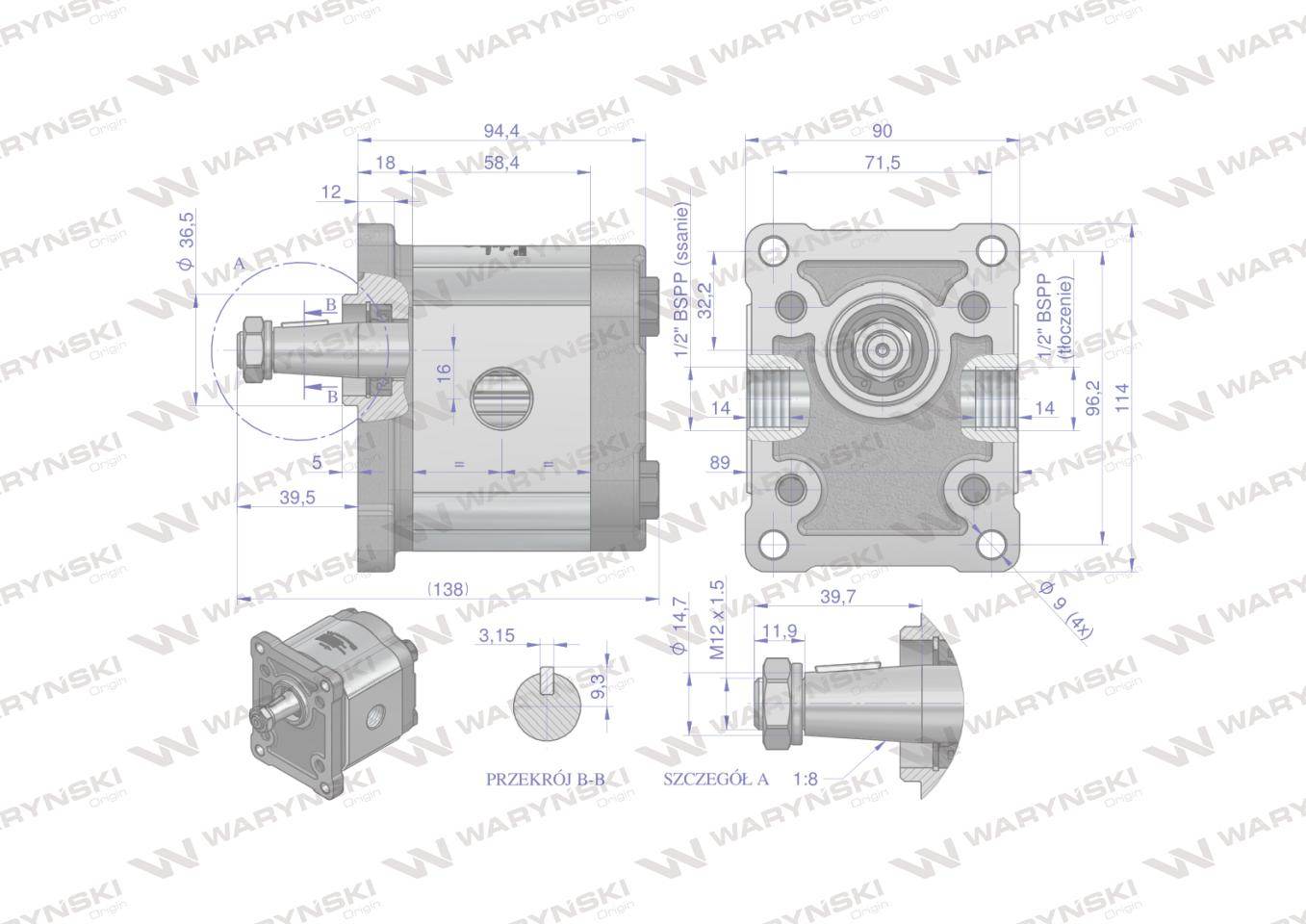 Pompa hydrauliczna zębata 11.0cm3 grupa 2 typ europejski wałek 18 przyłącza gwintowane obroty prawe max.260 bar waryński Pompa hydrauliczna zębata 11.0cm3 grupa 2 typ europejski wałek 18 przyłącza gwintowane obroty prawe max.260 bar waryński - obrazek 5