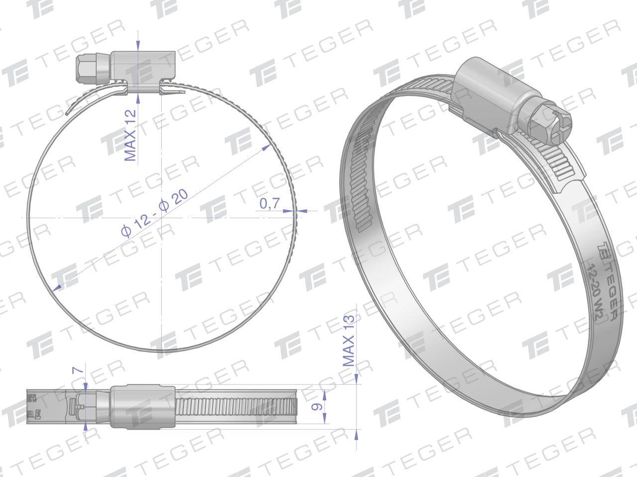 Opaska zaciskowa 12-20 ślimakowa obejma w2 stal nierdzewna szerkość 9mm teger 50szt Opaska zaciskowa 12-20 ślimakowa obejma w2 stal nierdzewna szerkość 9mm teger 50szt - obrazek 2