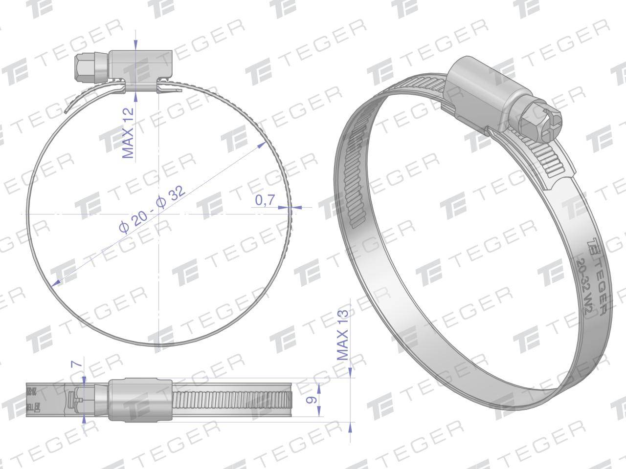 Opaska zaciskowa 20-32 ślimakowa obejma w2 stal nierdzewna szerkość 9mm teger 50szt Opaska zaciskowa 20-32 ślimakowa obejma w2 stal nierdzewna szerkość 9mm teger 50szt - obrazek 2