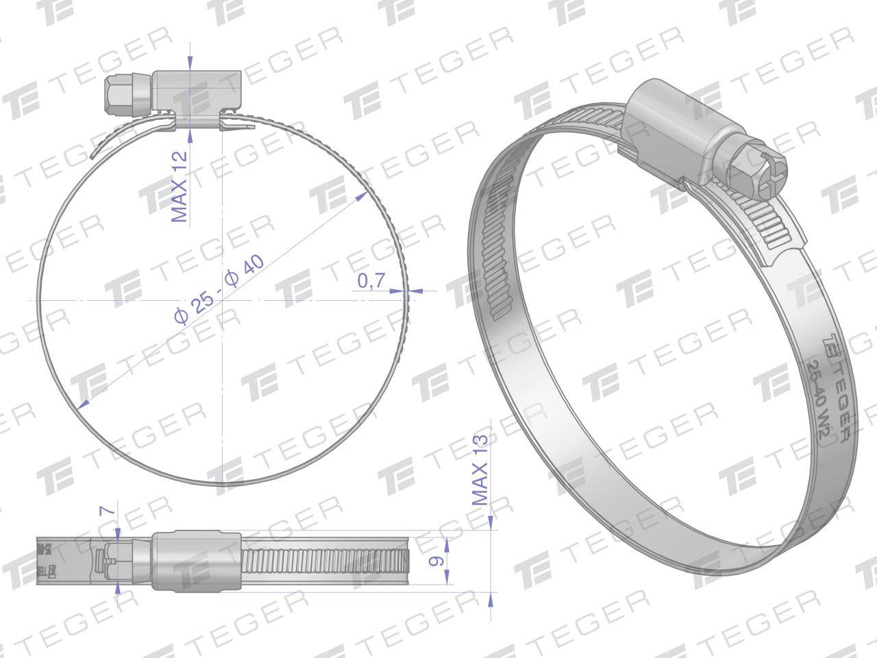 Opaska zaciskowa 25-40 ślimakowa obejma w2 stal nierdzewna szerkość 9mm teger 50szt Opaska zaciskowa 25-40 ślimakowa obejma w2 stal nierdzewna szerkość 9mm teger 50szt - obrazek 2