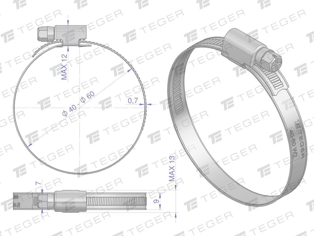 Opaska zaciskowa 40-60 ślimakowa obejma w2 stal nierdzewna szerkość 9mm teger 50szt Opaska zaciskowa 40-60 ślimakowa obejma w2 stal nierdzewna szerkość 9mm teger 50szt - obrazek 2