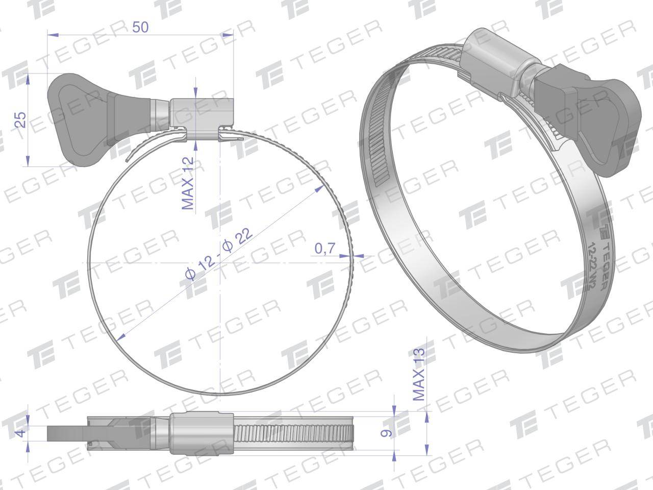 Opaska zaciskowa z pokrętłem 12-22 ślimakowa obejma w2 stal nierdzewna szerkość 9mm teger 50szt Opaska zaciskowa z pokrętłem 12-22 ślimakowa obejma w2 stal nierdzewna szerkość 9mm teger 50szt - obrazek 2
