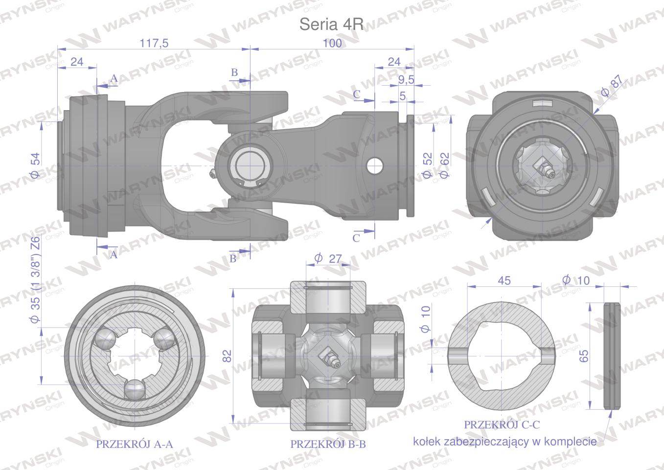 Przegub kompletny z krzyżakiem 27x82 seria 4 do rury wewnętrznej 45mm waryński Przegub kompletny z krzyżakiem 27x82 seria 4 do rury wewnętrznej 45mm waryński - obrazek 3