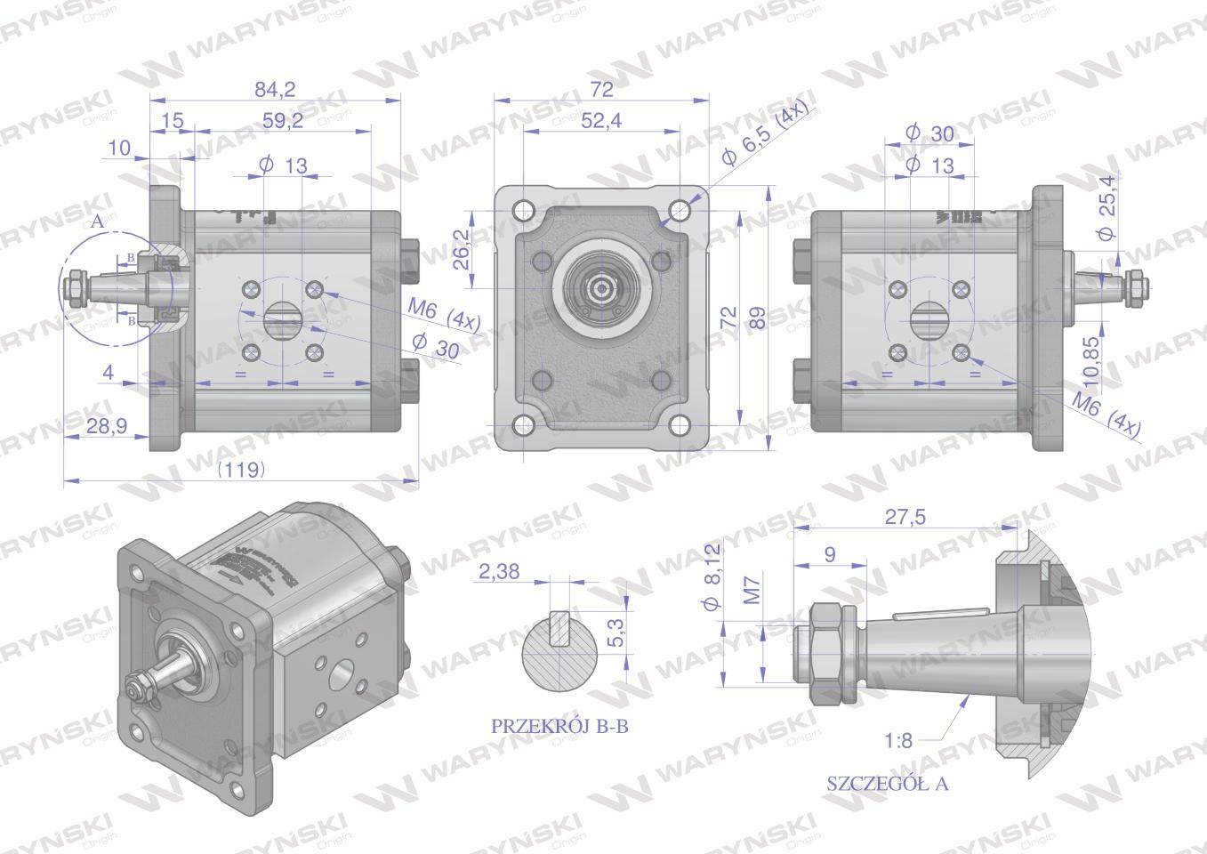 Pompa hydrauliczna zębata 7.5cm3 grupa 1 typ europejski wałek 18 przyłącza gwintowane obroty prawe max.180 bar waryński Pompa hydrauliczna zębata 7.5cm3 grupa 1 typ europejski wałek 18 przyłącza gwintowane obroty prawe max.180 bar waryński - obrazek 5