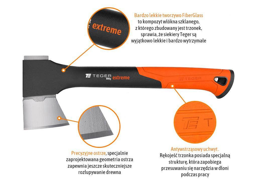 Siekiera uniwersalna z trzonkiem fiberglass 800g extreme teger Siekiera uniwersalna z trzonkiem fiberglass 800g extreme teger - obrazek 3