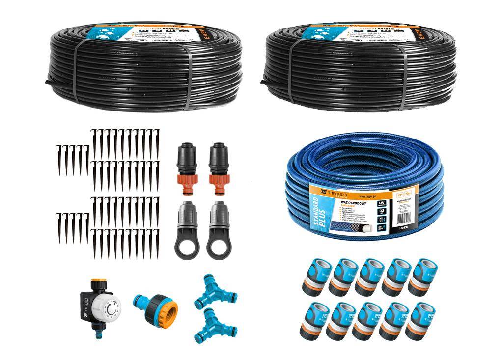 Zestaw nawadniania kropelkowego professional 100 m z kompensacją 2 linie kroplujące wąż 20m szybkozłączki zegar teger
