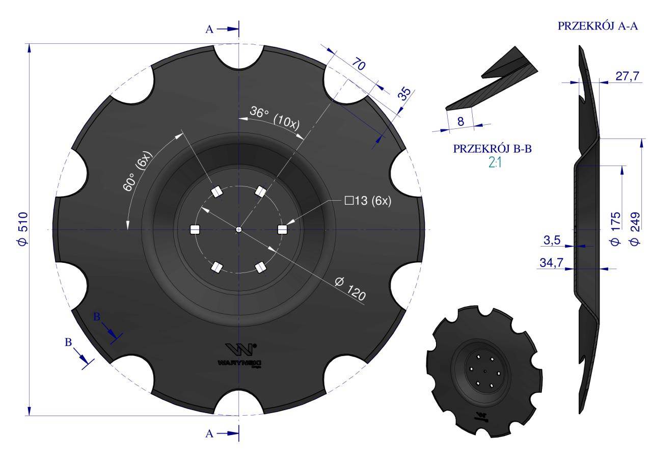 Talerz uzębiony z-10 fi 510 mocowanie 6/120 grubość 3.5mm przetłoczony stal borowa waryński r Talerz uzębiony z-10 fi 510 mocowanie 6/120 grubość 3.5mm przetłoczony stal borowa waryński r - obrazek 3