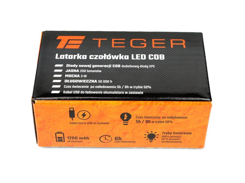 Latarka czołówka led cob 200 lm ładowana usb teger Latarka czołówka led cob 200 lm ładowana usb teger - obrazek 3