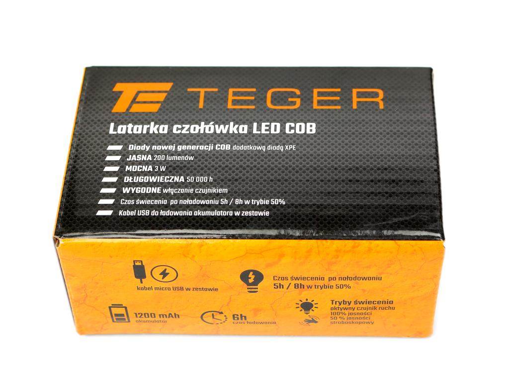 Latarka czołówka led cob 200 lm z czujnikiem ruchu usb teger Latarka czołówka led cob 200 lm z czujnikiem ruchu usb teger - obrazek 3