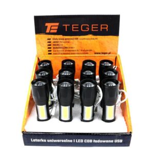 Latarka uniwersalna led cob 200 lm ładowana usb sprzedawana po 12 szt w kartoniku ekspozycyjnym teger