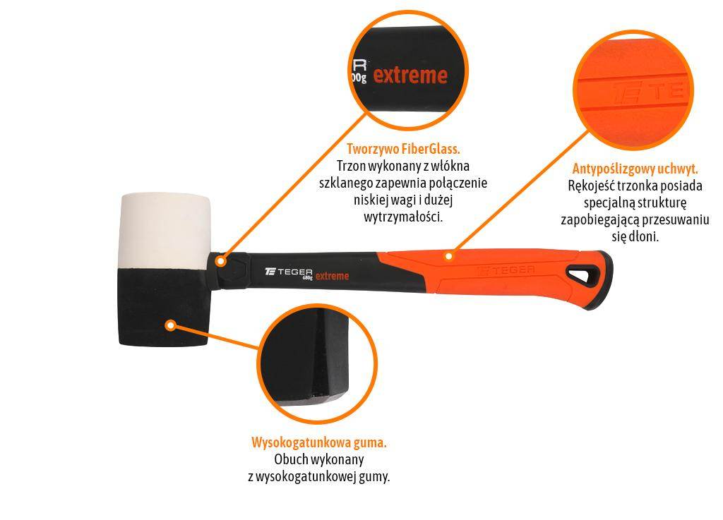 Młotek gumowy z trzonkiem fiberglass 680 g extreme teger Młotek gumowy z trzonkiem fiberglass 680 g extreme teger - obrazek 2