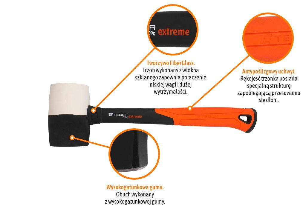 Młotek gumowy z trzonkiem fiberglass 910 g extreme teger Młotek gumowy z trzonkiem fiberglass 910 g extreme teger - obrazek 2
