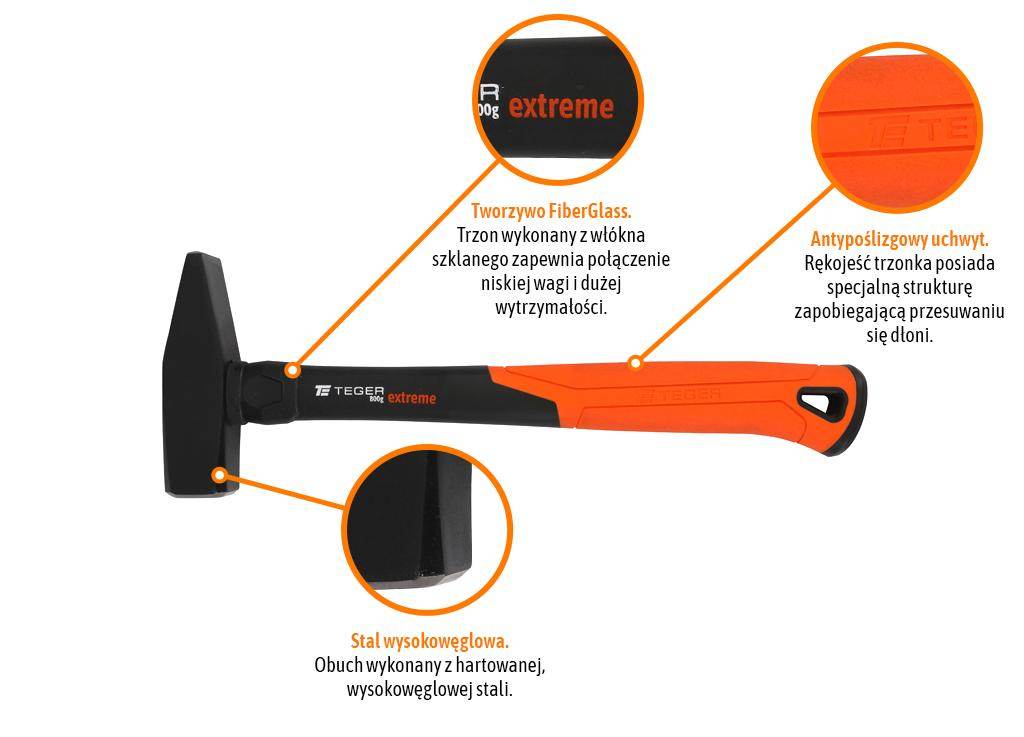 Młotek ślusarski z trzonkiem fiberglass 800 g extreme teger Młotek ślusarski z trzonkiem fiberglass 800 g extreme teger - obrazek 2