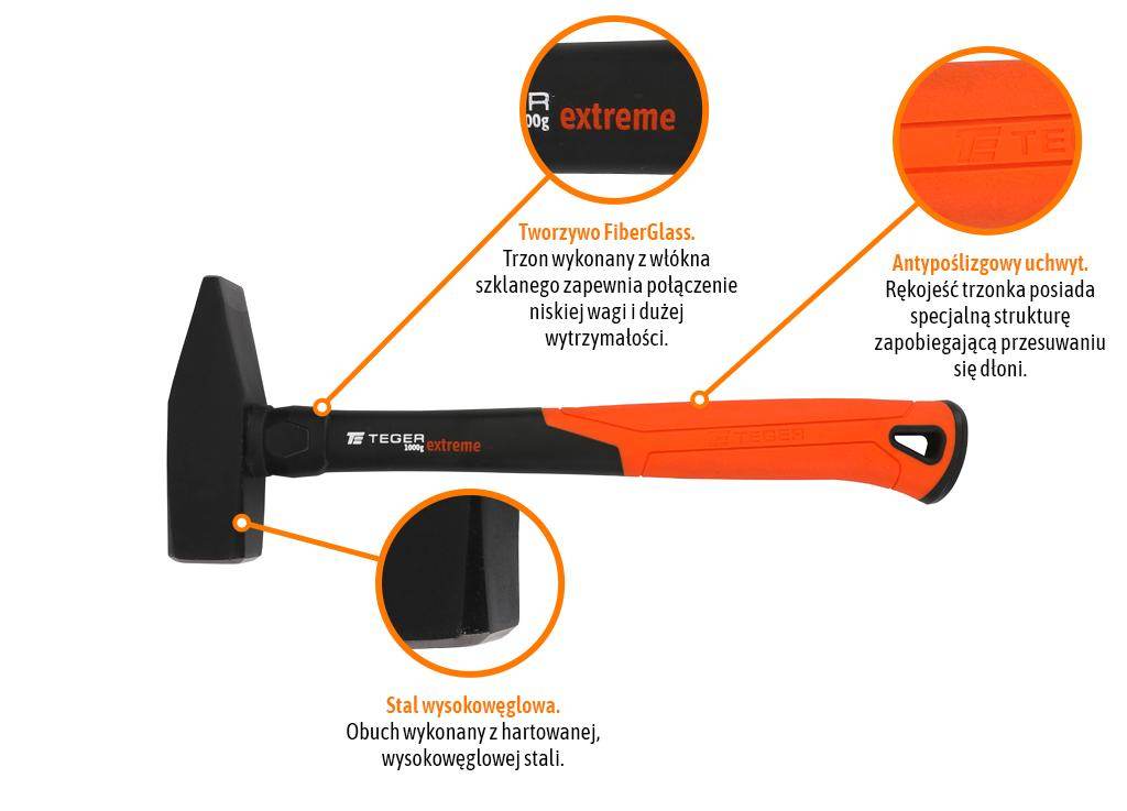 Młotek ślusarski z trzonkiem fiberglass 1000 g extreme teger Młotek ślusarski z trzonkiem fiberglass 1000 g extreme teger - obrazek 2