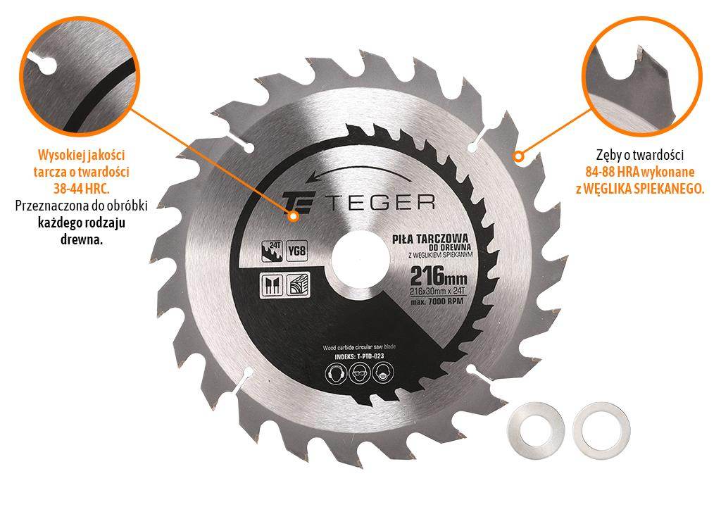 Piła tarczowa do drewna z węglikiem spiekanym 216x30x24t teger Piła tarczowa do drewna z węglikiem spiekanym 216x30x24t teger - obrazek 3