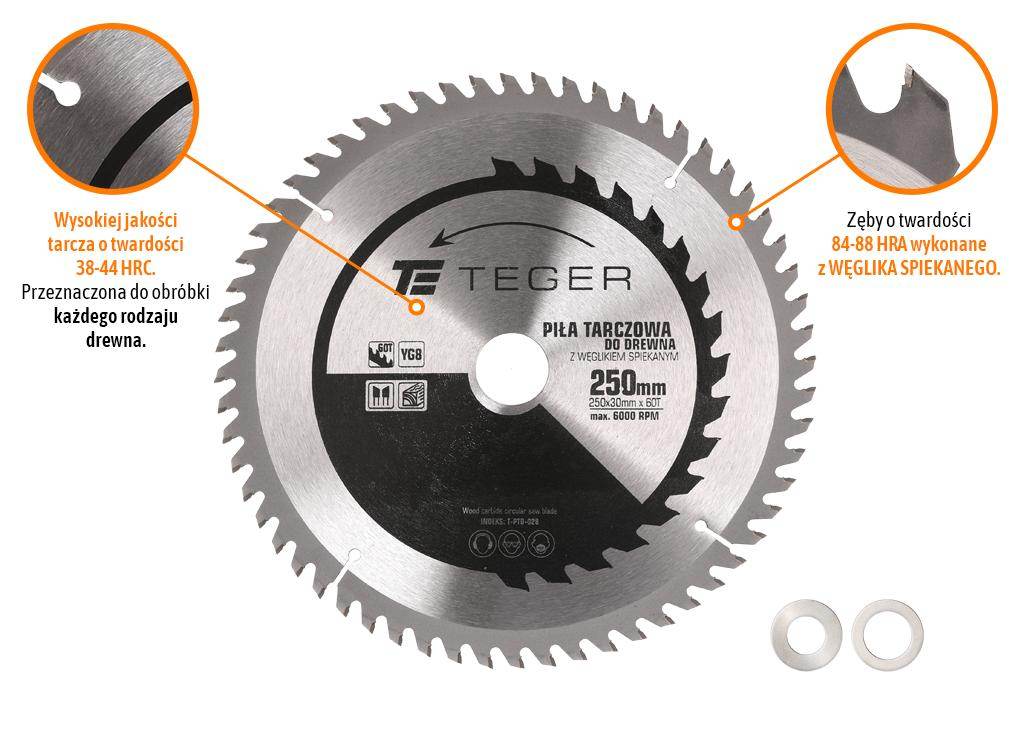 Piła tarczowa do drewna z węglikiem spiekanym 250x30x60t teger Piła tarczowa do drewna z węglikiem spiekanym 250x30x60t teger - obrazek 3