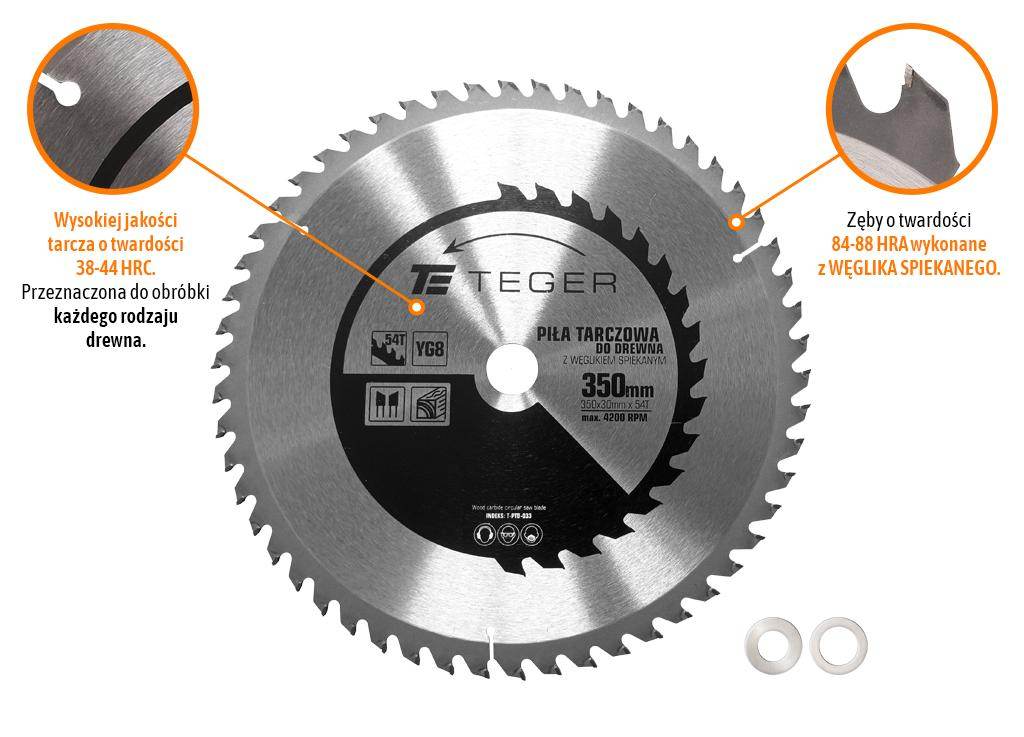 Piła tarczowa do drewna z węglikiem spiekanym 350x30x54t teger Piła tarczowa do drewna z węglikiem spiekanym 350x30x54t teger - obrazek 3
