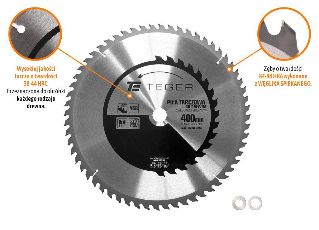 Piła tarczowa do drewna z węglikiem spiekanym 400x30x60t teger Piła tarczowa do drewna z węglikiem spiekanym 400x30x60t teger - obrazek 3