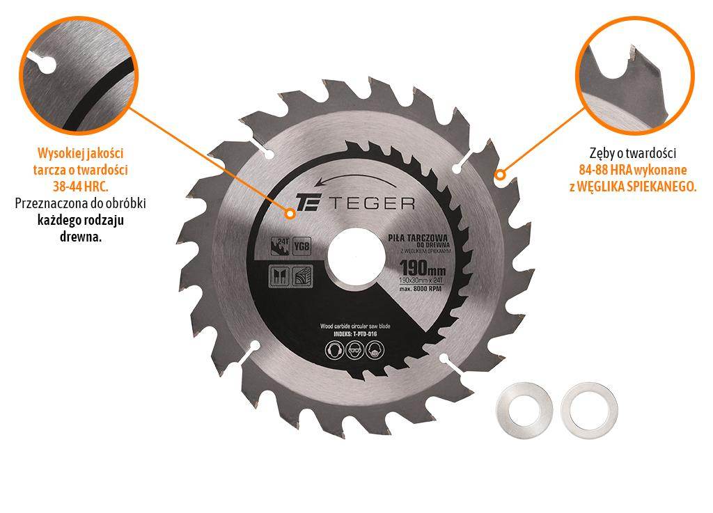 Piła tarczowa do drewna z węglikiem spiekanym 190x30x24t teger Piła tarczowa do drewna z węglikiem spiekanym 190x30x24t teger - obrazek 3