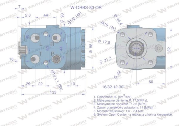 Orbitrol hydrauliczny w-orbs-or 80 cm3/obr z zaworami system open center z reakcją z kół na kierownicę waryński - obrazek 5