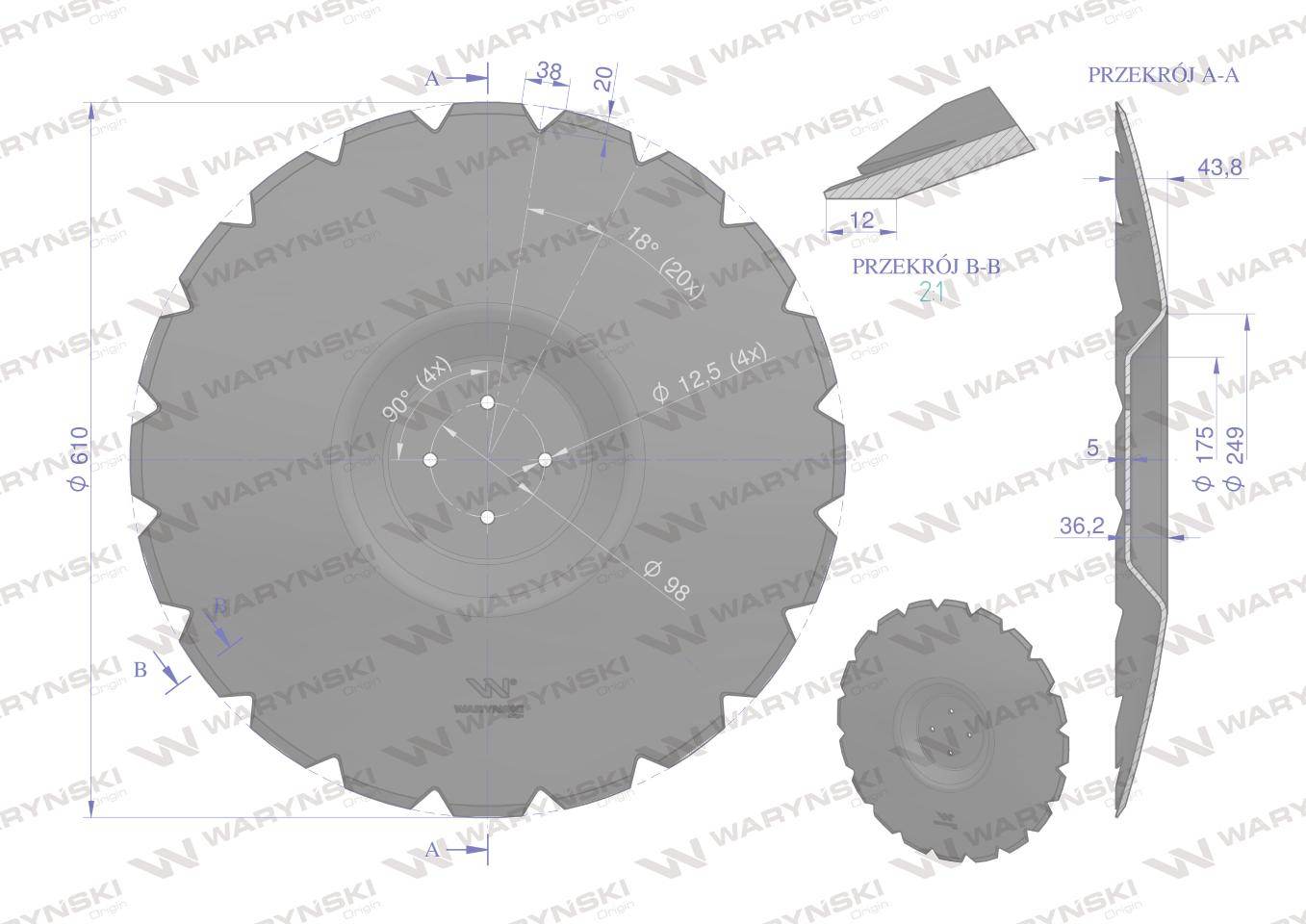 Talerz uzębiony z-20 fi 610 mocowanie 4/98 grubość 5mm przetłoczony stal borowa waryński r Talerz uzębiony z-20 fi 610 mocowanie 4/98 grubość 5mm przetłoczony stal borowa waryński r - obrazek 2