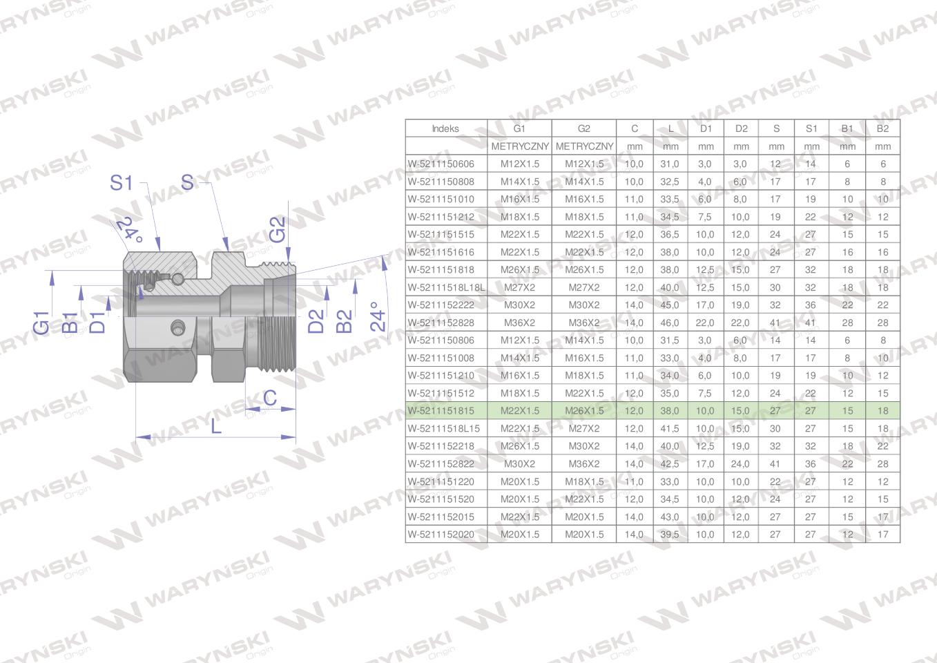 Złączka hydrauliczna metryczna ab xkor a-m22x1.5 15l b-m26x1.5 18l waryński 2szt Złączka hydrauliczna metryczna ab xkor a-m22x1.5 15l b-m26x1.5 18l waryński 2szt - obrazek 4