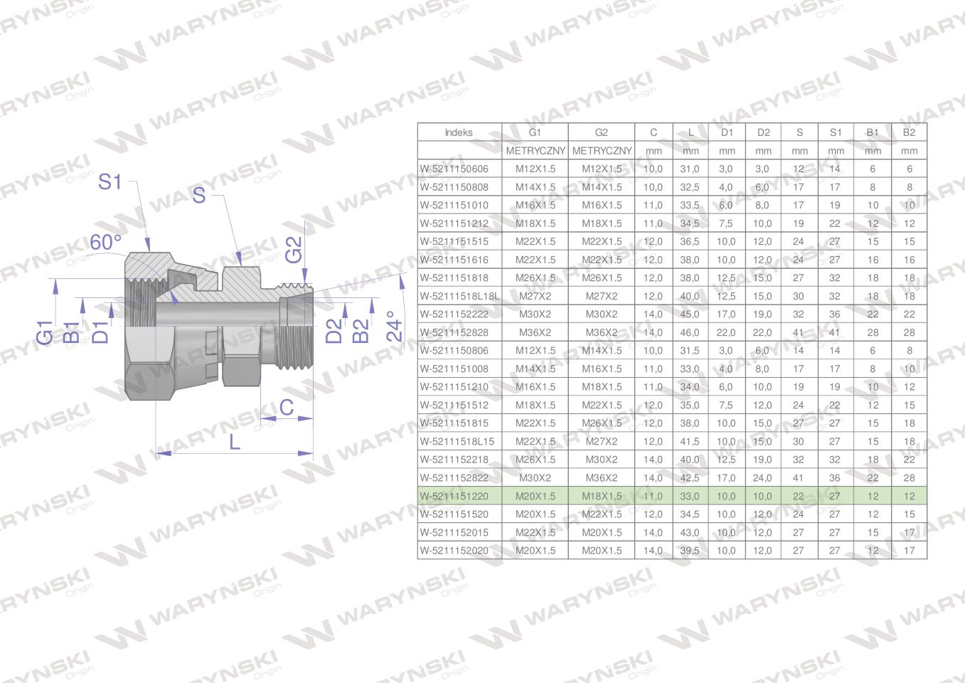 Złączka hydrauliczna metryczna ab xkor a-m20x1.5 60 stopni b-m18x1.5 12l waryński 2szt Złączka hydrauliczna metryczna ab xkor a-m20x1.5 60 stopni b-m18x1.5 12l waryński 2szt - obrazek 4
