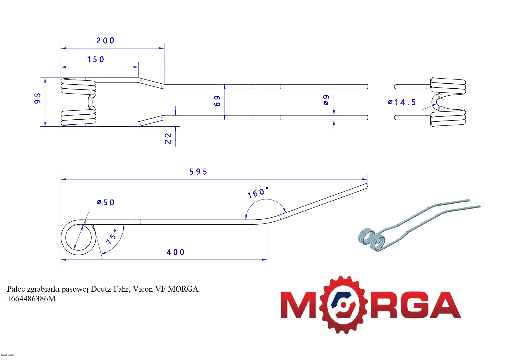 Palec Zgrabiarki Pasowej Deutz-Fahr Vicon Vf Malowane Proszkowo Morga Palec Zgrabiarki Pasowej Deutz-Fahr Vicon Vf Malowane Proszkowo Morga - obrazek 4