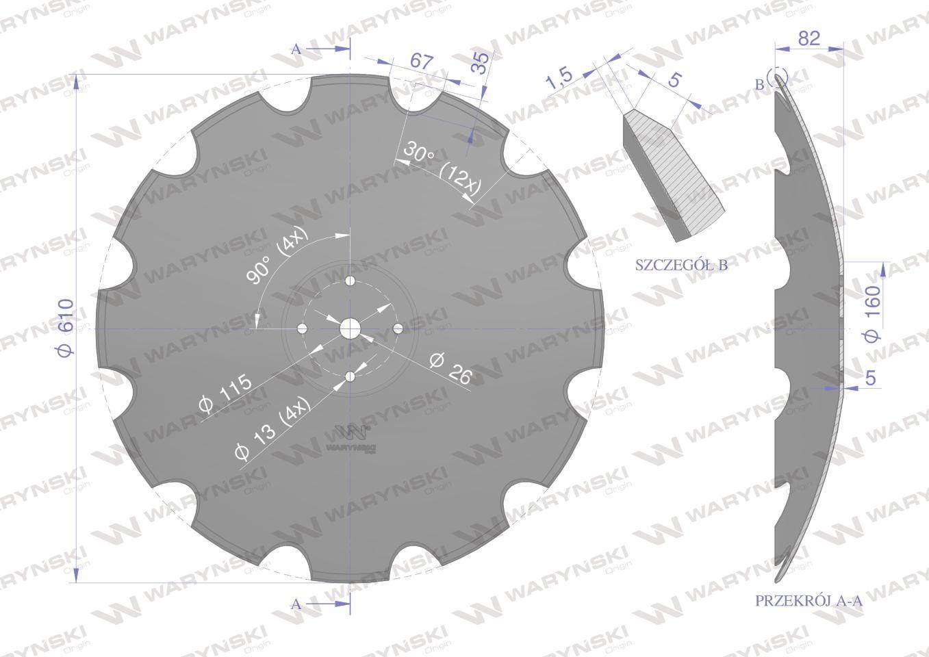 Talerz uzębiony z-12 fi 610 mocowanie 4/115 grubość 5mm mandam waryński Talerz uzębiony z-12 fi 610 mocowanie 4/115 grubość 5mm mandam waryński - obrazek 2