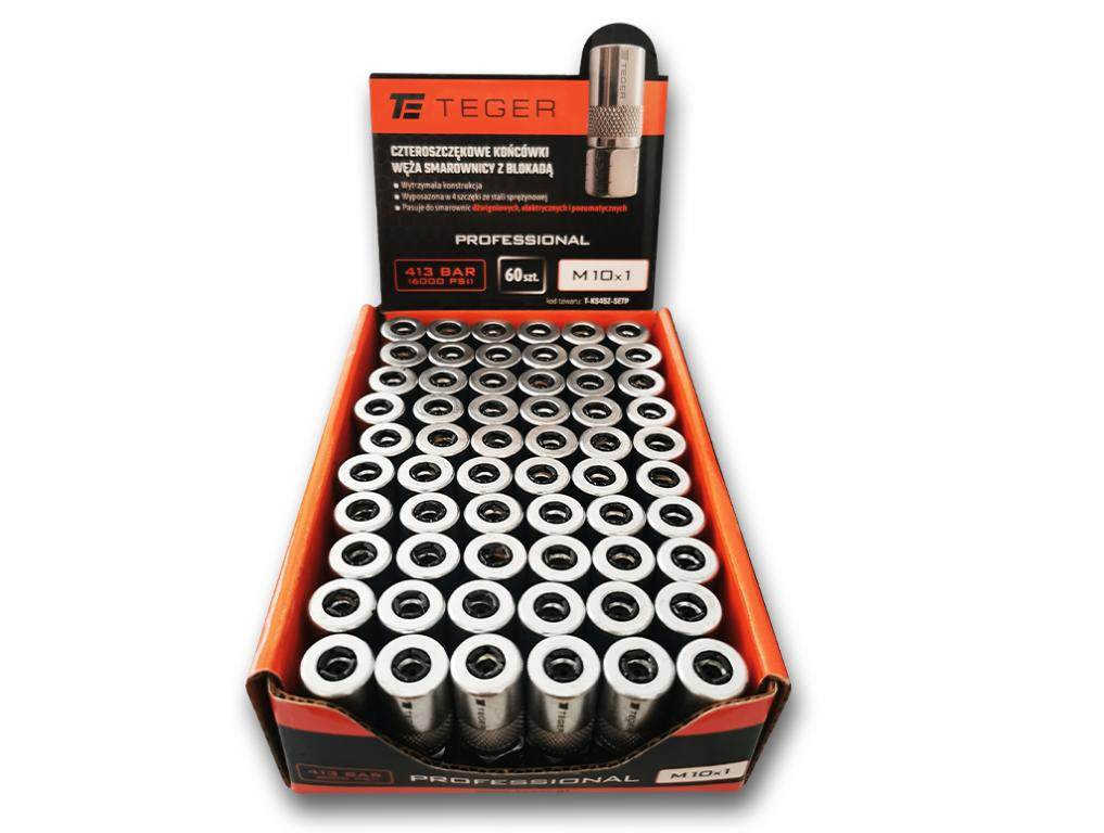 Zestaw w ekspozytorze czteroszczękowych końcówek węża smarownicy z blokadą m10x1 413 bar 6000 psi professional teger po 60 szt)