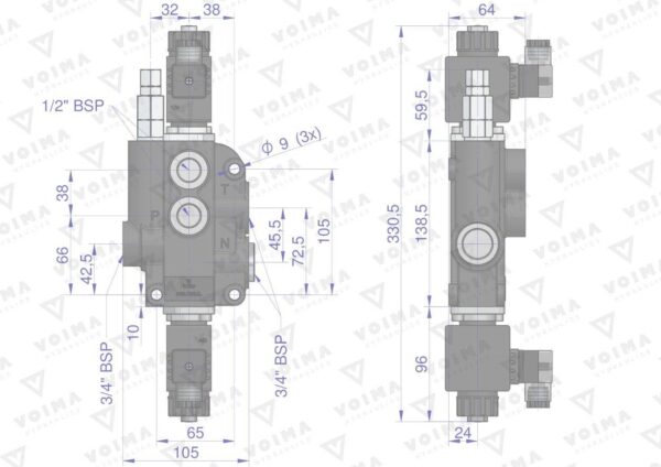 Rozdzielacz hydrauliczny 1-sekcyjny sterowany elektrycznie 12v 80l voima - obrazek 3