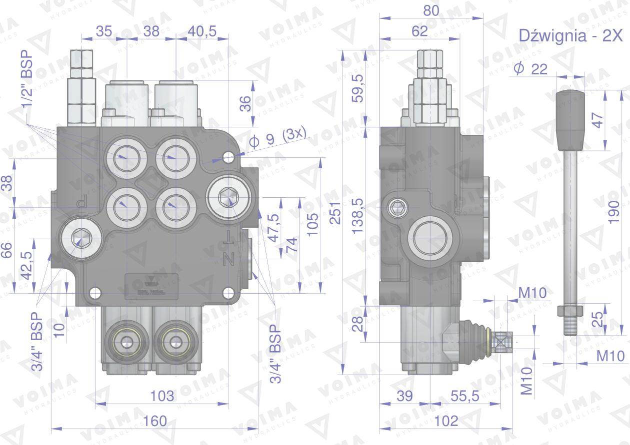 Rozdzielacz hydrauliczny 2-sekcyjny 80l z zatrzaskami voima Rozdzielacz hydrauliczny 2-sekcyjny 80l z zatrzaskami voima - obrazek 3