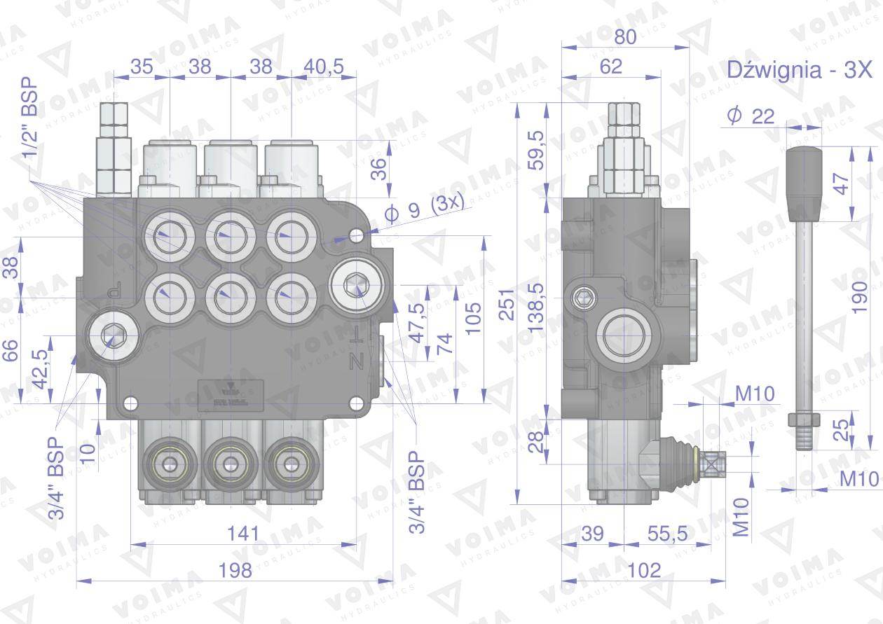 Rozdzielacz hydrauliczny 3-sekcyjny 80l z zatrzaskami voima Rozdzielacz hydrauliczny 3-sekcyjny 80l z zatrzaskami voima - obrazek 3