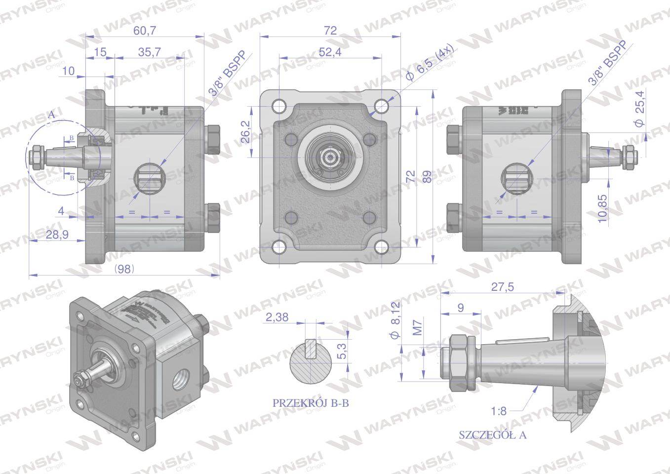 Pompa hydrauliczna zębata 1.0cm3 grupa 1 typ europejski wałek 18 przyłącza obustronnie gwinty wewnętrzne 3/8 obroty prawe max.250 bar waryński Pompa hydrauliczna zębata 1.0cm3 grupa 1 typ europejski wałek 18 przyłącza obustronnie gwinty wewnętrzne 3/8 obroty prawe max.250 bar waryński - obrazek 4