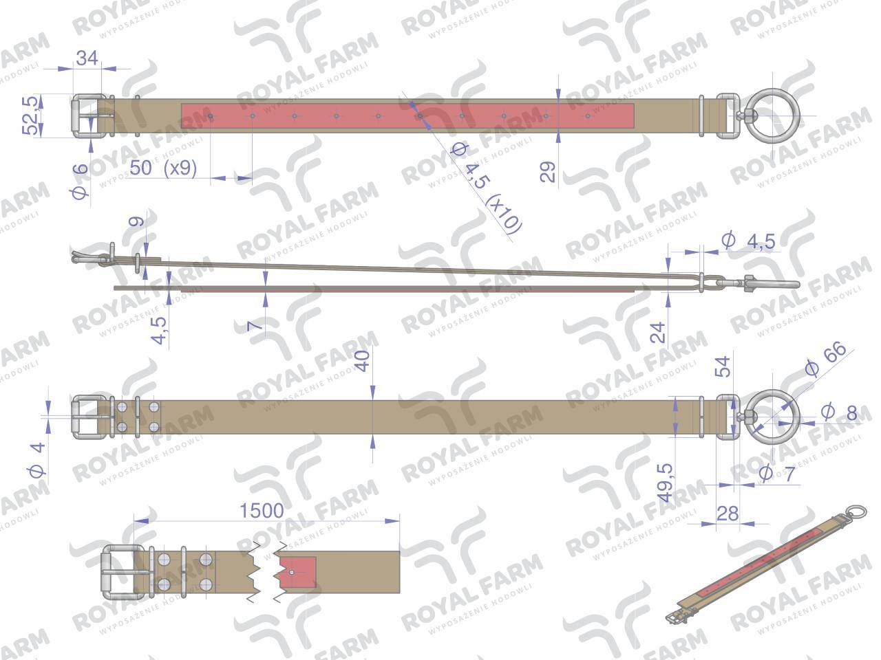 Obroża150 cmx4 cm z okrętką 8mm i rolką na klamrzeroyal farm Obroża150 cmx4 cm z okrętką 8mm i rolką na klamrzeroyal farm - obrazek 3