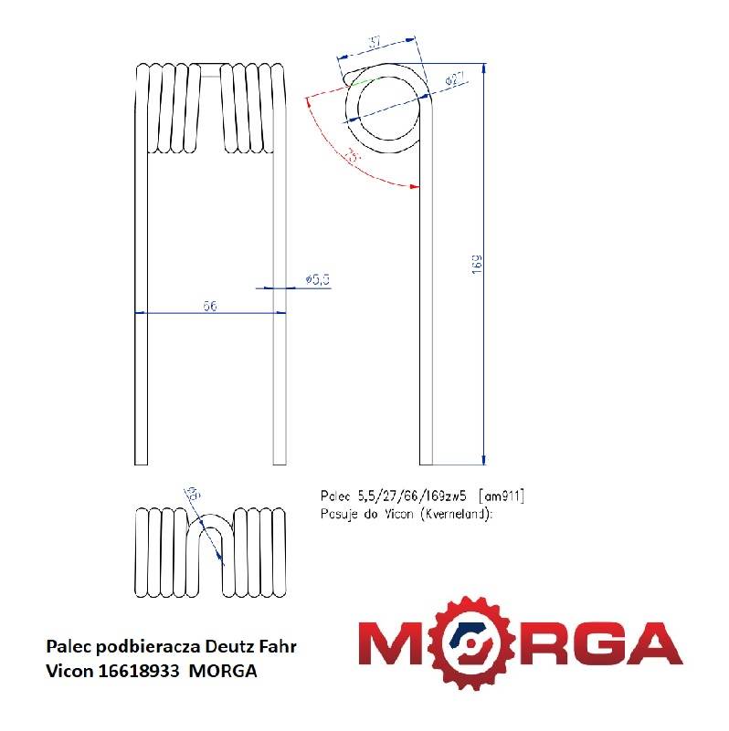 Palec Podbieracza Deutz Fahr Vicon 16618933 Malowany Proszkowo Morga Palec Podbieracza Deutz Fahr Vicon 16618933 Malowany Proszkowo Morga - obrazek 5