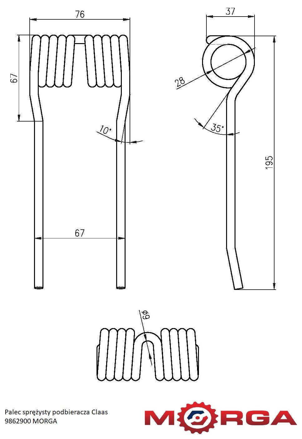 Palec Sprężysty Podbieracza Claas 9862900 Malowane Proszkowo Morga Palec Sprężysty Podbieracza Claas 9862900 Malowane Proszkowo Morga - obrazek 5